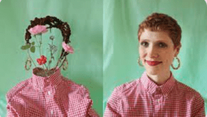 Two pictures of a woman wearing a shirt with flowers on it.